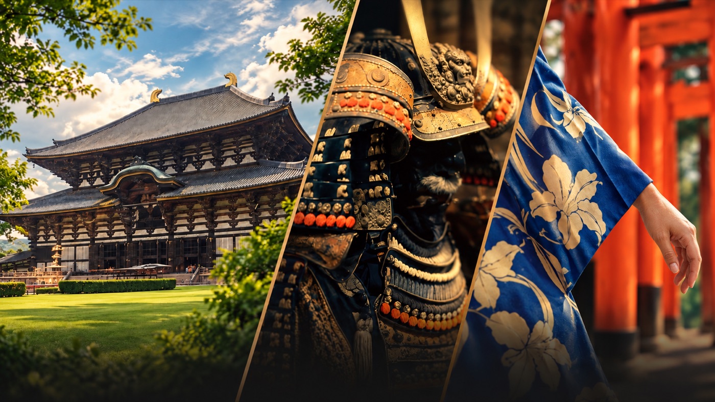 Collage del tempio Todai-ji, di un’armatura da samurai e di un kimono a Fushimi Inari